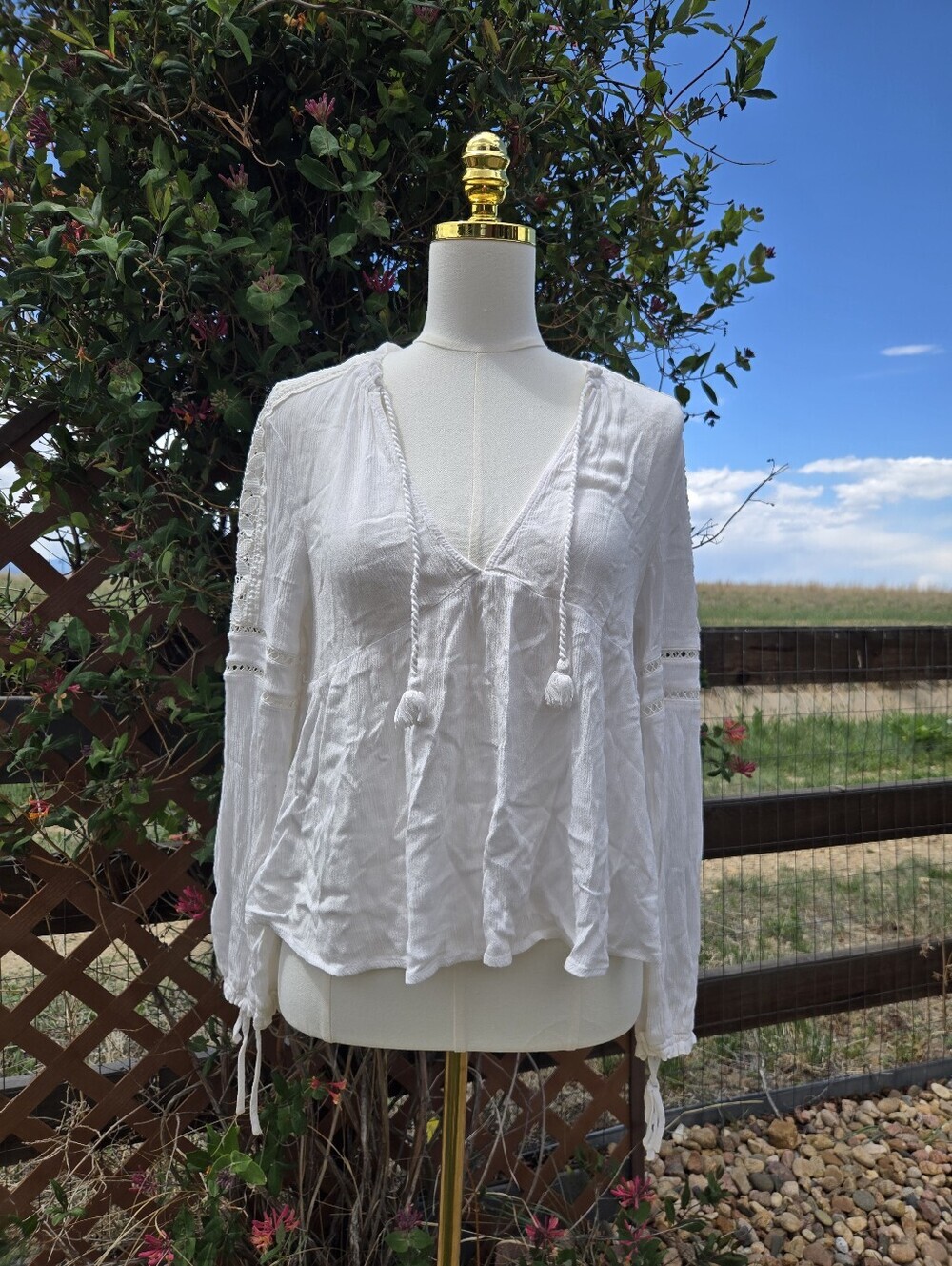 DIVIDED by H&M Women's White Boho Peasant Tie-Front Blouse Size 8 NWOT